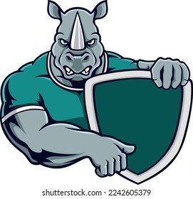 Aggressive Rhino Holding a Shield