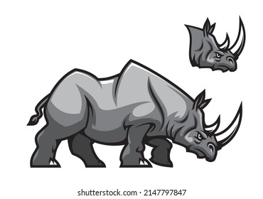 Carácter agresivo de mascota rinoceronte. Rinocerontes vectores animal con cara enfurecida, cuernos blancos y cuerpo muscular gris. Sabana africana dos cuernos rinocerontes mascota de caricatura de club deportivo o mascota de equipo