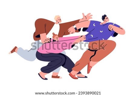 Aggressive rivals competing, fighting. Unhealthy rivalry, competition concept. Competitors characters struggling, running, obstructing. Flat graphic vector illustration isolated on white background