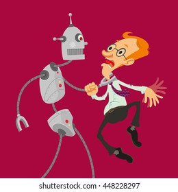 Aggressive robot attacked intelligent man with glasses, vector cartoon