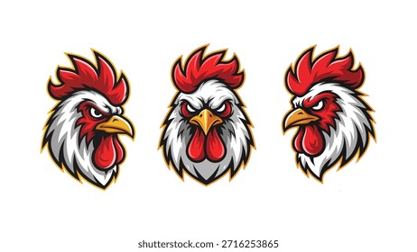 Pacote de vetor de emblema de galo agressivo. Ilustração do Galo Irritado para Esports e Equipes de Jogos. Vetor da coleção do logotipo do mascote do galo feroz.	