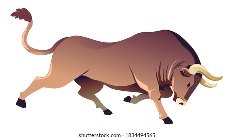 Aggressive running bull with strong horns, isolated furious buffalo. Dangerous wild or domestic animal in zoo or farm. Bullfighting extreme hobby, corrida. Biodiversity, vector in flat style