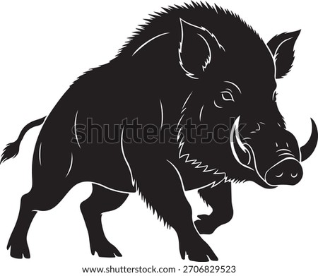 Aggressive running wild boar large tusks full body silhouette