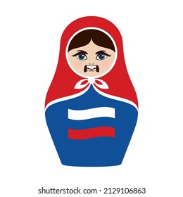 Aggressive russian matryoshka doll icon vector. Evil matryoshka with russian flag vector. Angry russian nesting doll vector. Matryoshka babushka icon isolated on a white background