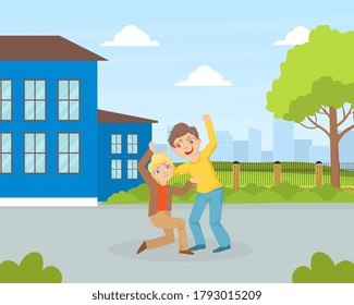 Aggressive Schoolboy Bullying Kid who is Smaller at School Backyard, Conflict Between Children, Bullying and Mocking at School Cartoon Vector Illustration