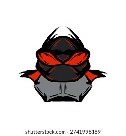 Aggressive sci-fi mecha character with glowing red eyes and grey armor plates; symmetrical futuristic bug-themed warrior icon; digital mascot for esports and gaming apparel.