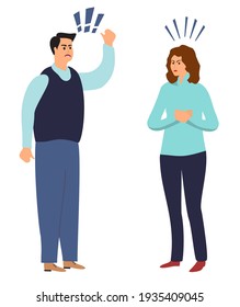 Aggressive screaming characters. Destructive emotions. Family quarrel, woman man bad behavior. Husband and wife conflict illustration. Vector.