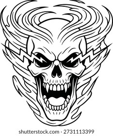 Ilustração agressiva do vetor do crânio gritando com chamas de fogo estilizadas e olhos de raio. Este mascote arrojado da arte da linha preta e branca é perfeito para roupas de rua, designs de tatuagem, marca de música e projetos gráficos ousados.
