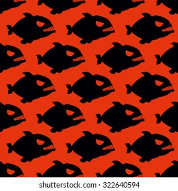 Aggressive seamless pattern from Piranha. Fish silhouettes with large teeth on red bloody background. Flock of evilmarine predators.