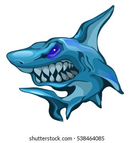 Aggressive shark bares sharp fangs. Cartoon fish isolated on a white background. Vector illustration.