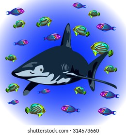 aggressive shark and exotic fish ocean backdrop
