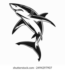 Aggressive shark with fangs and open mouth black silhouette on white background. Wild animal logo, icon or print design.