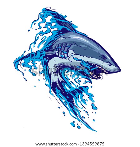 aggressive shark jump attack illustration. white background