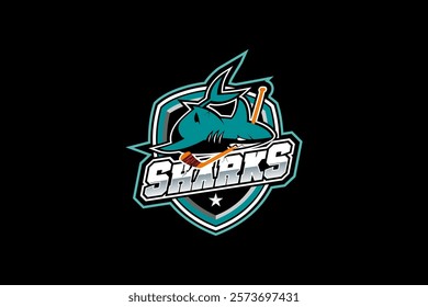 Aggressive Shark mascot logo. Ice Hockey Sports Shark logo template. Shark Mascot Ice Hockey team logo vector.