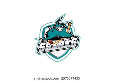 Aggressive Shark mascot logo. Ice Hockey Sports Shark logo template. Shark Mascot Ice Hockey team logo vector.