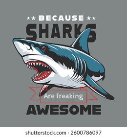 Aggressive shark with open mouth, paired with bold typography on grey.