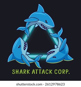 Aggressive Shark Team Logo with Neon Triangle – Cartoon Vector Gaming Style