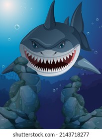 Aggressive shark underwater deep sea background illustration