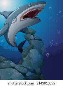 Aggressive shark underwater deep sea background illustration