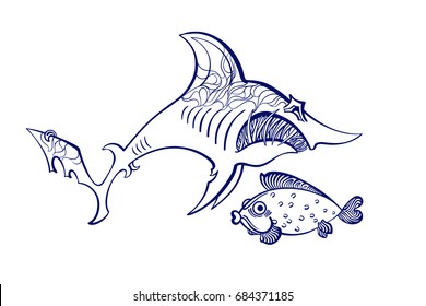 Aggressive sharp-toothed big shark and timid goggle-eyed little fish. Contour.