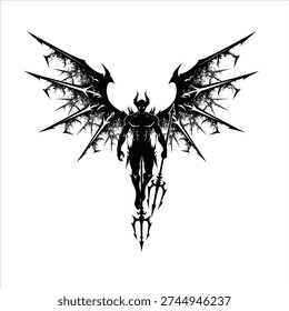 An aggressive silhouette of a flying demon featuring large, intricate, crystalline or spiky wings. The character is equipped with dual tridents, creating a terrifying fallen angel or underworld beast aesthetic for digital designs.
flying, demon, spiky, wings, trident, fallen angel, creature, silhouette, beast, fantasy art, archdemon, aggressive, gothic, darkness, evil, monster, horror, spooky, mythology, occult, supernatural, black silhouette, illustration, mighty, mystical, power, emblem, icon, digital art, isolated, bad, deadly, hellish, abstract, dark fantasy, t-shirt design, tattoo, gaming, villain, wicked, sinister, mythic, sharp, crystalline, flying monster, underworld beast, hell, satanic, deadly, attack