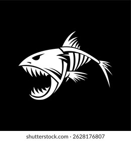 Aggressive Skeleton Fish Vector Illustration – Black and White Design

