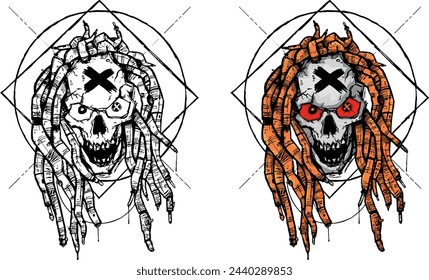 aggressive skull with dreadlocks and lines behind
