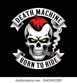 Aggressive skull motorcycle gang emblem, skull with mohawk and smoking cigar, skull logo vector