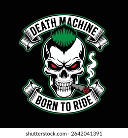 Aggressive skull motorcycle gang emblem, skull with mohawk and smoking cigar, skull logo vector