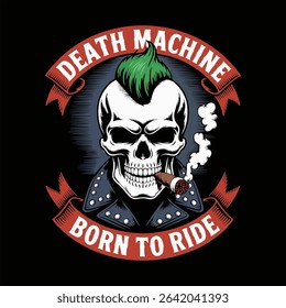 Aggressive skull motorcycle gang emblem, skull with mohawk and smoking cigar, skull logo vector