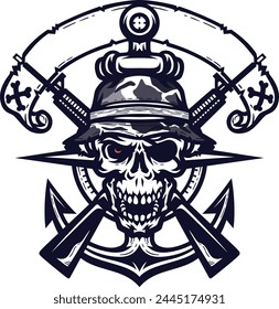 Aggressive Skull with Rifle, Anchor, Compass Rose Logo Design