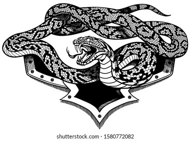 aggressive snake . Black and white heraldic or tattoo style vector illustration 