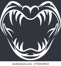 Aggressive snake head illustration with sharp fangs, black and white vector graphic for design projects.