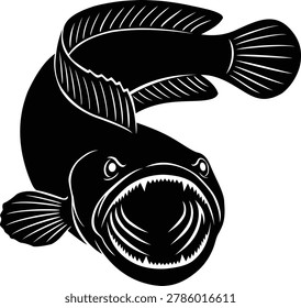 Aggressive snakehead fish mascot vector illustration featuring open mouth predator expression and detailed fin anatomy. Bold black freshwater fish artwork inspired by Channa striata, suitable for fishing brands, esports mascots, outdoor logos, apparel graphics, and commercial aquatic designs.