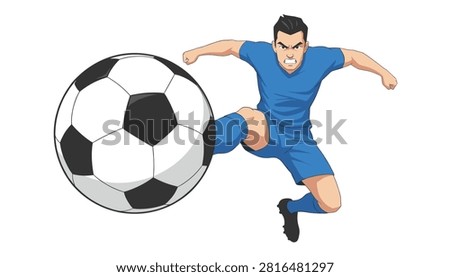 Aggressive soccer player in blue attire kicking a large soccer ball with focused expression for a dynamic sports advertisement.