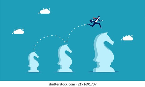 Aggressive strategy. A businessman runs on a chess horse that grows up. vector