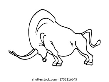 aggressive strong wild bull with long horns, for logo or emblem, vector illustration isolated on a white background with black ink contour lines in a hand drawn style