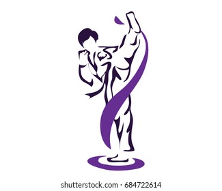 Aggressive Taekwondo Martial Art In Action Logo - Professional Athlete Warming Up Pose