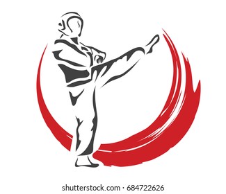 Aggressive Taekwondo Martial Art In Action Logo - Fast Action Defense Kick Flame