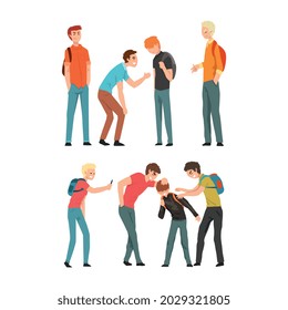 Aggressive Teenagers Bullying Smaller Boys Set, Teenage Aggression and Violence Cartoon Vector Illustration