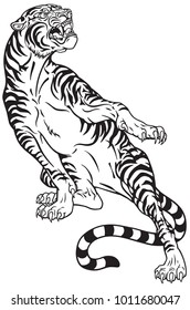 Aggressive Tiger .Black And White Tattoo Style Vector Illustration