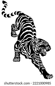 aggressive tiger climbing down. Silhouette of big cat. Black and white tattoo. Graphic style vector illustration