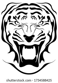 Aggressive tiger head close-up, hand drawing vector outline isolated on a white background