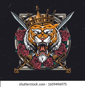 Aggressive Tiger Head In Royal Crown With Crossed Swords And Beautiful Flowers In Vintage Style Isolated Vector Illustration