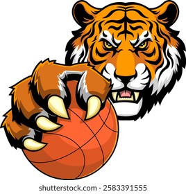 Aggressive Tiger Holding Basketball Sports Mascot Logo Design. Vector Hand Drawn Illustration Isolated On Transparent Background