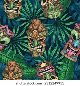 Aggressive Tiki pattern seamless colorful with gods masks made wood and palm leaves for Hawaiian culture magazine design vector illustration