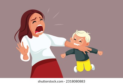 
Aggressive Toddler Biting his Mom Arm Vector Cartoon Illustration. Emotional mean kid acting out with aggression 
