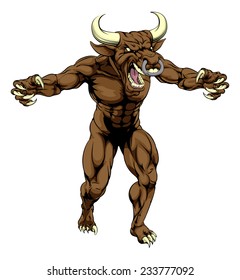 An aggressive tough mean bull sports mascot character with claws out