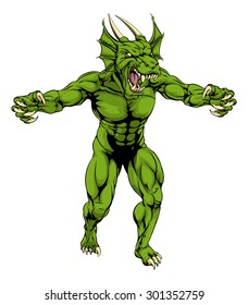 An aggressive tough mean green dragon sports mascot character with claws out