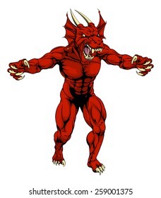 An aggressive tough mean red dragon sports mascot character with claws out